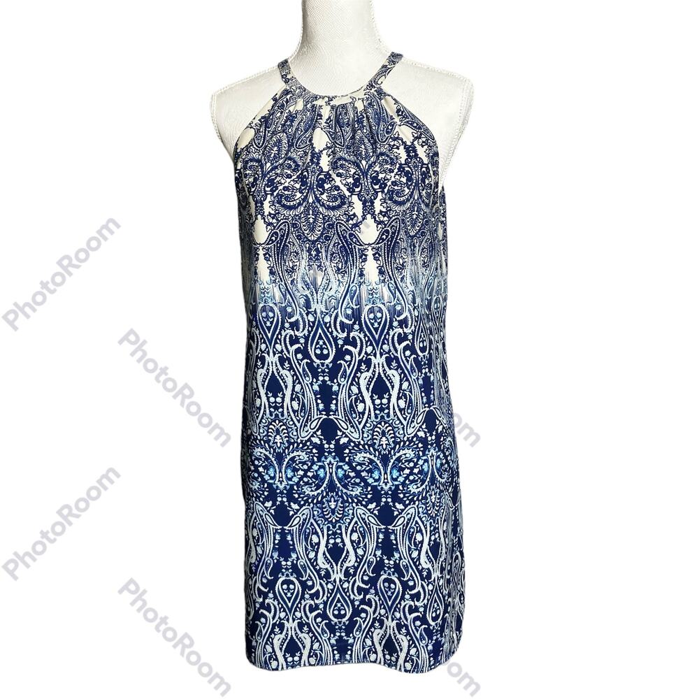 Tahari Arthur S Levine Dress Womens  Blue Shift SZ 6 Jewel Neckline Paisley